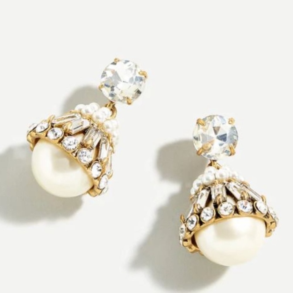 NWT luxe timeless J. Crew Crystal Pearl Embellished Drop statement Earrings